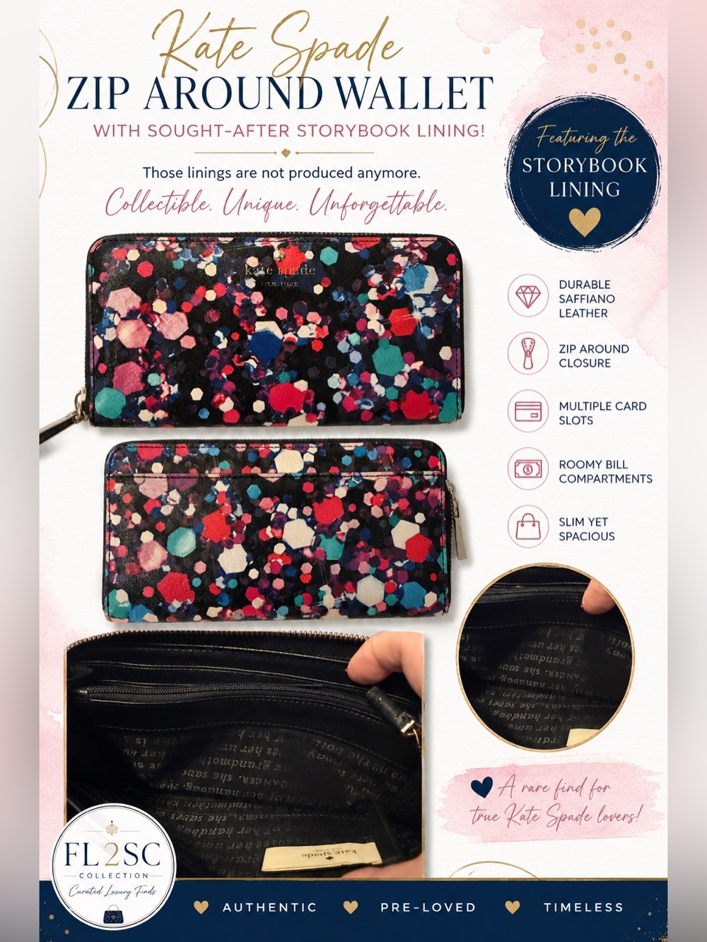 Storybook Kate Spade Black Confetti Zip Wallet - Picture 3 of 10